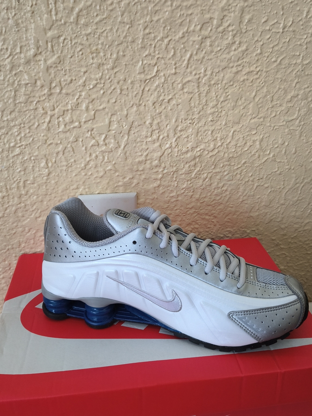 Nike Women’s Air Max 97 White and Silver Shox Running Sneakers with Blue Columns